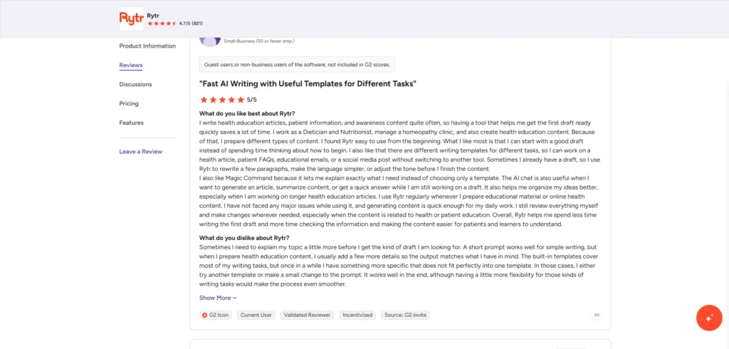 Is Rytr legit user reviews screenshot