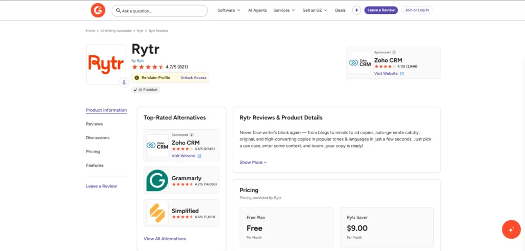 Is Rytr legit user reviews screenshot