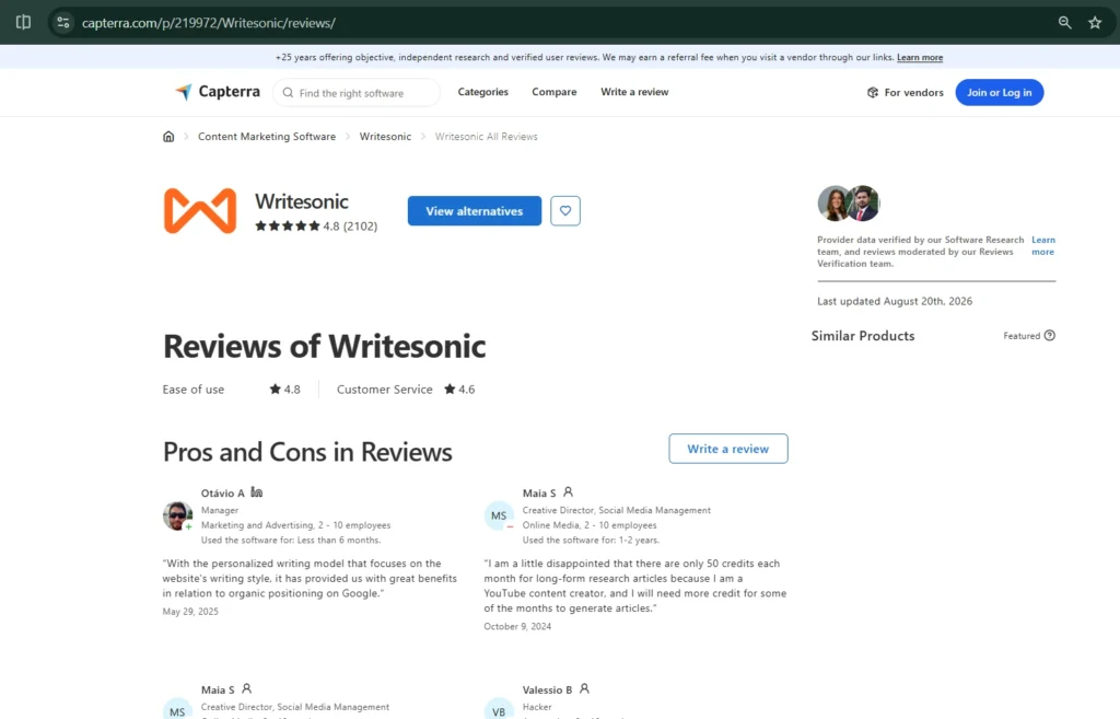Is Writesonic legit user reviews screenshot