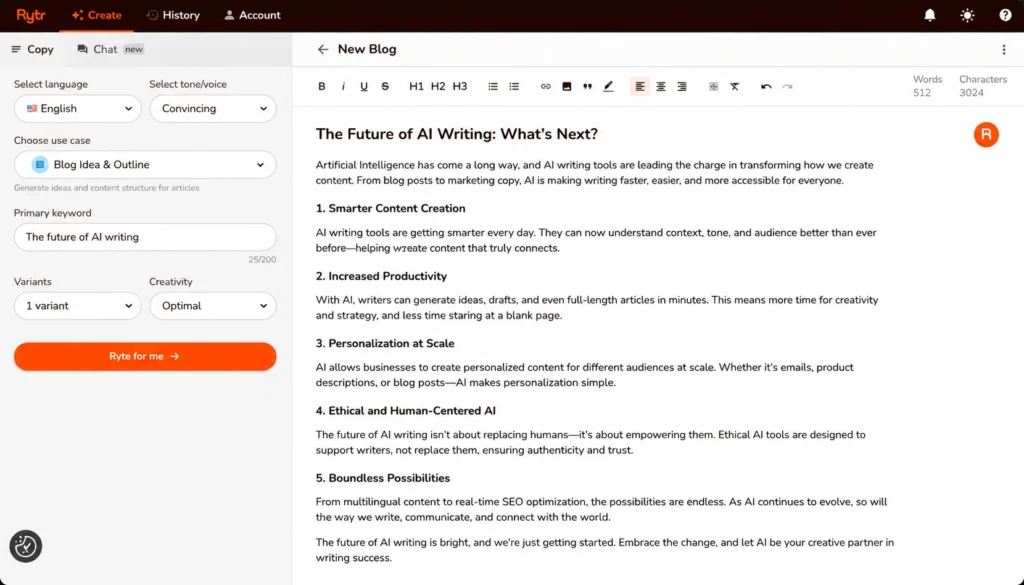 Rytr AI article writer test output example