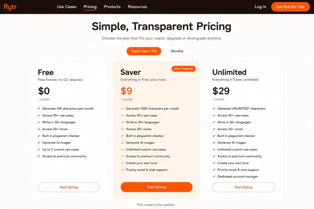 Rytr pricing plans 2026 Free Saver Unlimited
