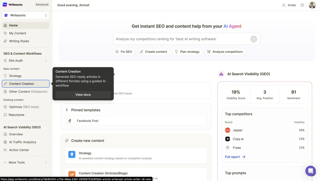 Writesonic AI article writer editor interface