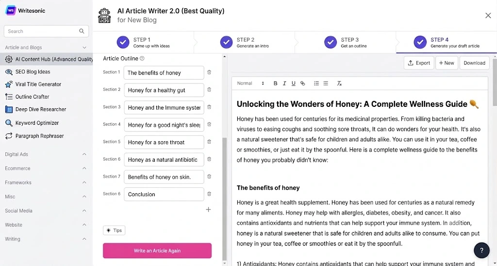Writesonic AI article writer test before and after edit