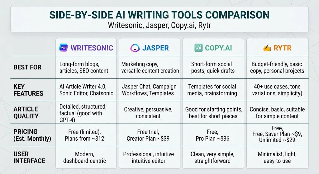 Writesonic alternative comparison Jasper Copy.ai Rytr
