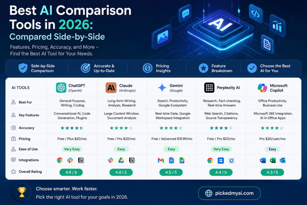 AI comparison tools 2026 - ChatGPT vs Claude vs Gemini vs Perplexity vs Copilot features and pricing