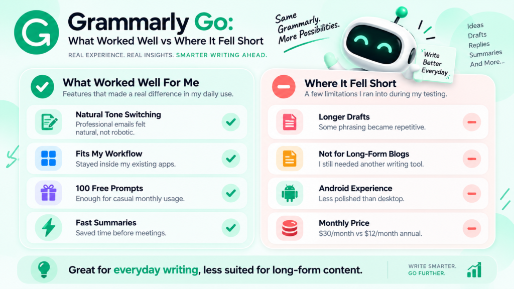 Grammarly Go Review 2026 showing AI writing features and productivity tools